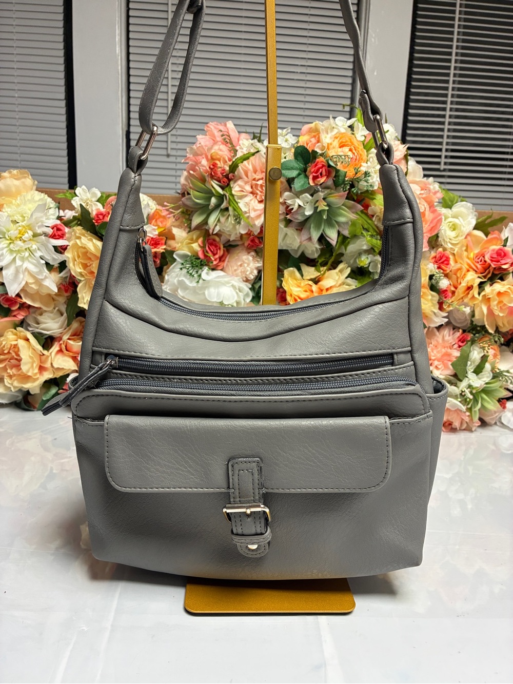 Gray Non-Leather Multi Pocket Hobo Shoulder Crossbody Bag Buckle Zip Organizer